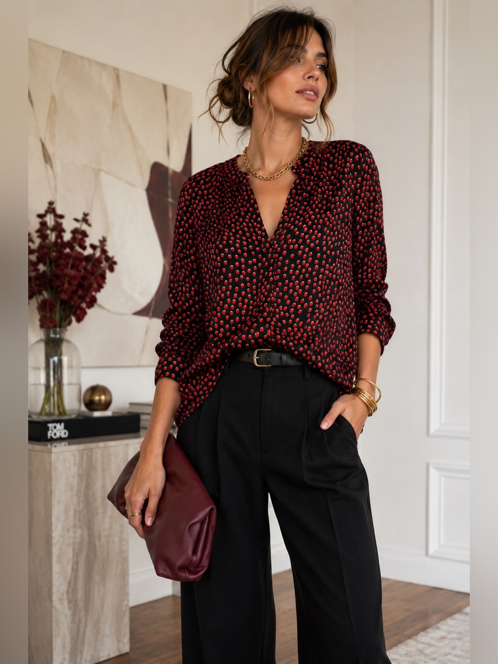 L’AGENCE Silk Charmeuse Berry Dot Blouse | Size XS | EUC